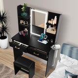QUALIKRAFT Vanity Set with Mirror and Stool and Lights, Vanity Desk with Mirror & Power Outlet, Vanity Desk with Drawers, Black Vanity with Lighted Mirror, Dressing Table Set with 2 Large Drawers QUALIKRAFT