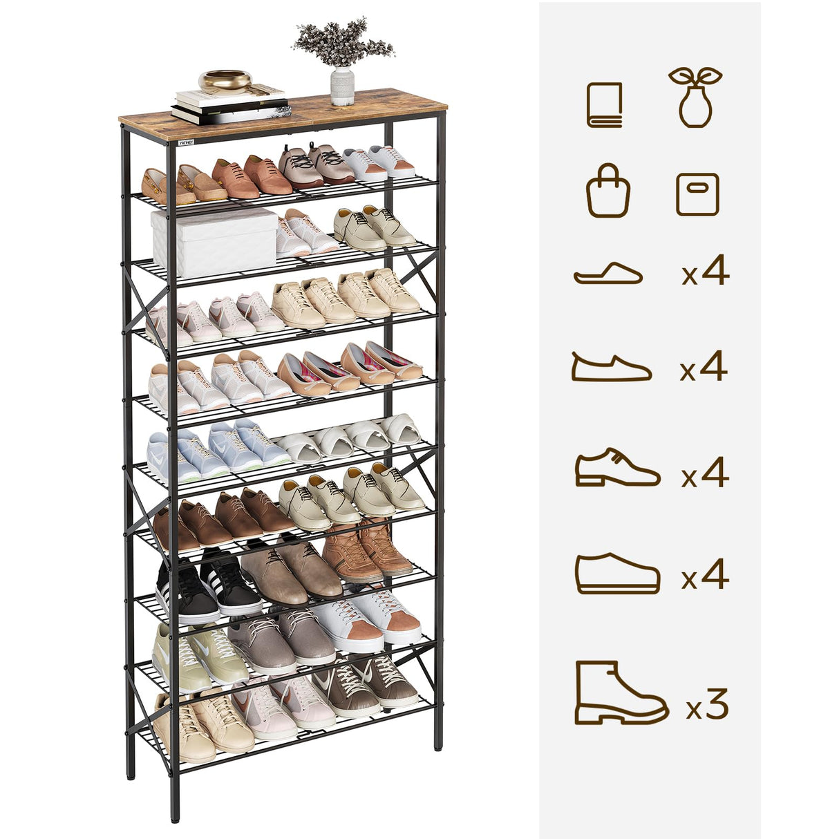 YATINEY 10 Tier Shoe Rack, Shoe Storage Organizer, Large Capacity Shoe Shelf Holds 40 Pairs of Shoes, Durable and Stable, for Entryway, Hallway, Closet, Dorm Room, Rustic Brown SS10BR YATINEY