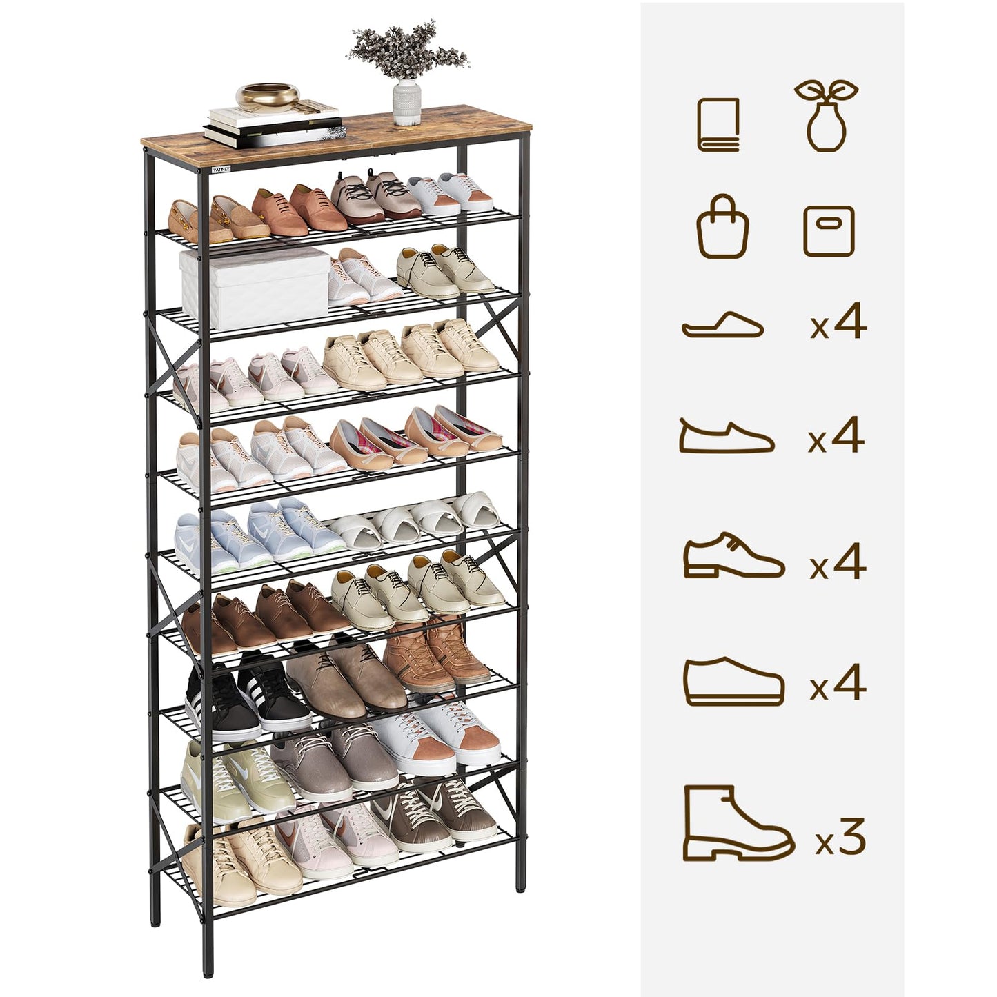 YATINEY 10 Tier Shoe Rack, Shoe Storage Organizer, Large Capacity Shoe Shelf Holds 40 Pairs of Shoes, Durable and Stable, for Entryway, Hallway, Closet, Dorm Room, Rustic Brown SS10BR