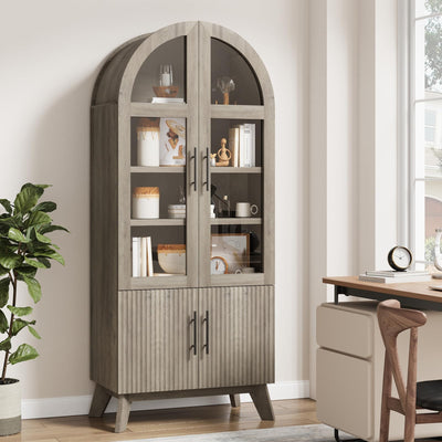 RNLRNL 71" Modern Fluted Display Cabinet with Glass Door, Arched Curio Cabinet with Adjustable Shelf, Bookcase for Collectibles Books, Storage Cabinet for Living Room, Dining Room, Grey