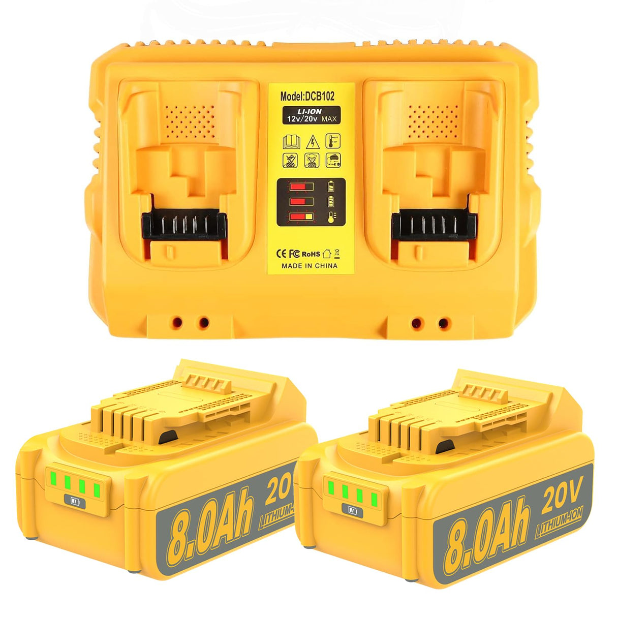 JUNWOOD 2Pack 8.0Ah MAX Lithium Replacement for Dewalt 20V Battery with 20 Volt Dual Port Battery Charger DCB200 DCB201 DCB204 DCB206 DCB207 DCD/DCF/DCG XR Series JUNWOOD