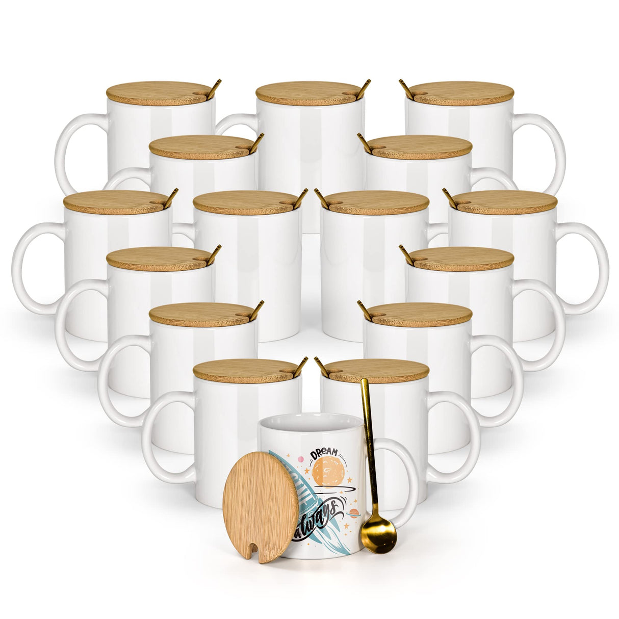 AGH 16pcs 11 Oz Sublimation Mugs Blank, White Coffee Ceramic Mugs Bulk, Plain Mug Cups for Sublimation with Bamboo Lids and Stainless Steel Spoon For Coffee, Soup, Tea, Milk, Latte, Hot Cocoa AGH