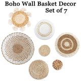 7 Pack Boho Wall Basket Decor - Seagrass Rattan Wicker Wall Decor Round Handmade Hanging Rustic Flat Elegant Wall Art for Farmhouse Living Rooms Bedrooms Display Table Settings Kitchen Home Dimpola