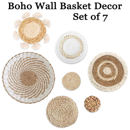 7 Pack Boho Wall Basket Decor - Seagrass Rattan Wicker Wall Decor Round Handmade Hanging Rustic Flat Elegant Wall Art for Farmhouse Living Rooms Bedrooms Display Table Settings Kitchen Home