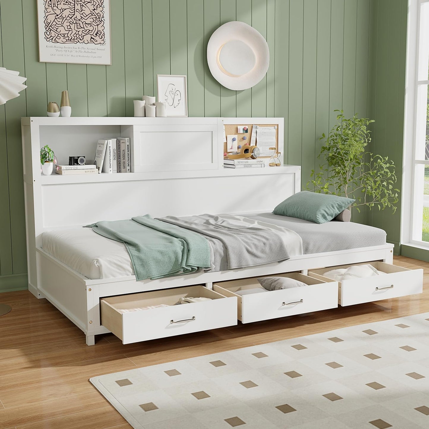 Giantex White Twin Daybed with 3 Storage Drawers, Cork Board & Sliding Door - WoodArtSupply