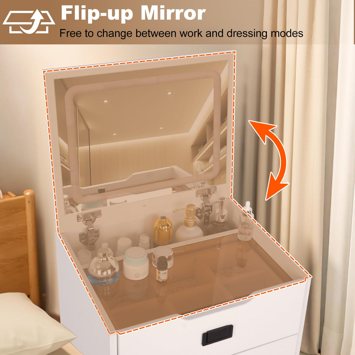 HVCBOSS 3 in 1 Vanity Desk with Flip Top Mirror, Small Make Up Vanity Set with Visible Glass Desktop, Compact Makeup Vanity with 3 Drawers, Cushioned Tool, Dressing Table for Bedroom HVCBOSS