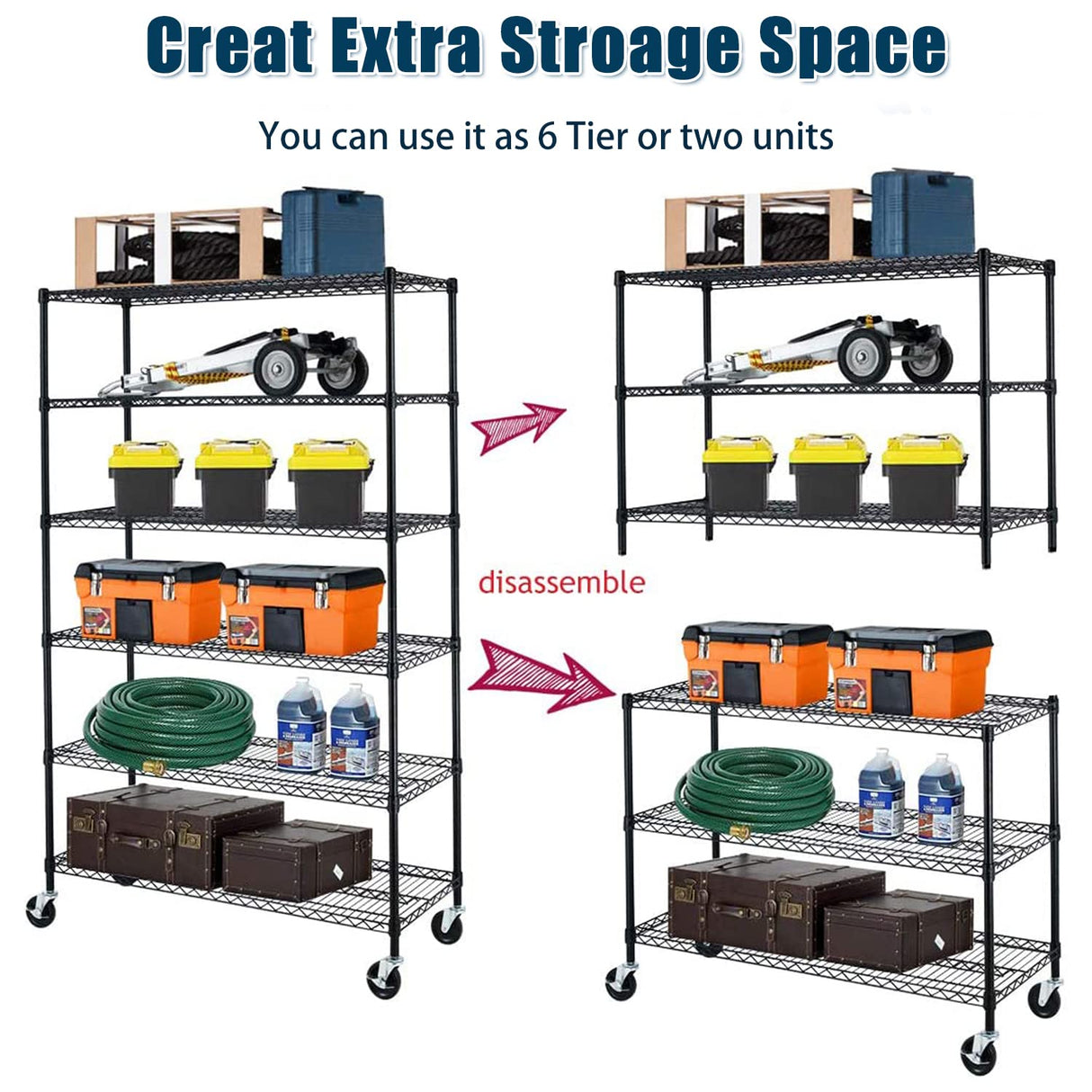 Dkelincs 6 Tier Wire Shelving Unit with Wheels 48" X 18" X 76" Metal Storage Shelves Height Adjustable NSF Heavy Duty Commercial Grade Garage Shelf Rack for Kitchen Basement Restaurant，Black Dkelincs