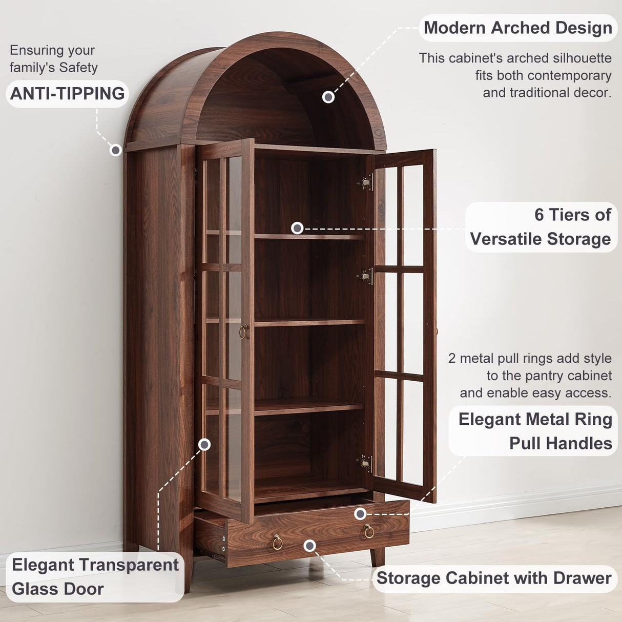 71" Tall Arched Cabinet, Modern Farmhouse Wooden Display Cabinet with Drawer and Glass Doors, 6 Tier Bookshelf w/Adjustable Shelves for Living Room, Office, Walnut WINWY
