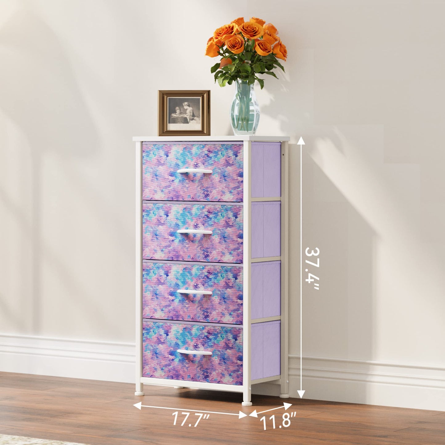 YITAHOME Purple Dresser with 4 Drawers - Storage Tower Unit, Kids Dresser for Bedroom, Living Room, Closets - Sturdy Steel Frame, Wooden Top & Easy Pull Fabric Bins