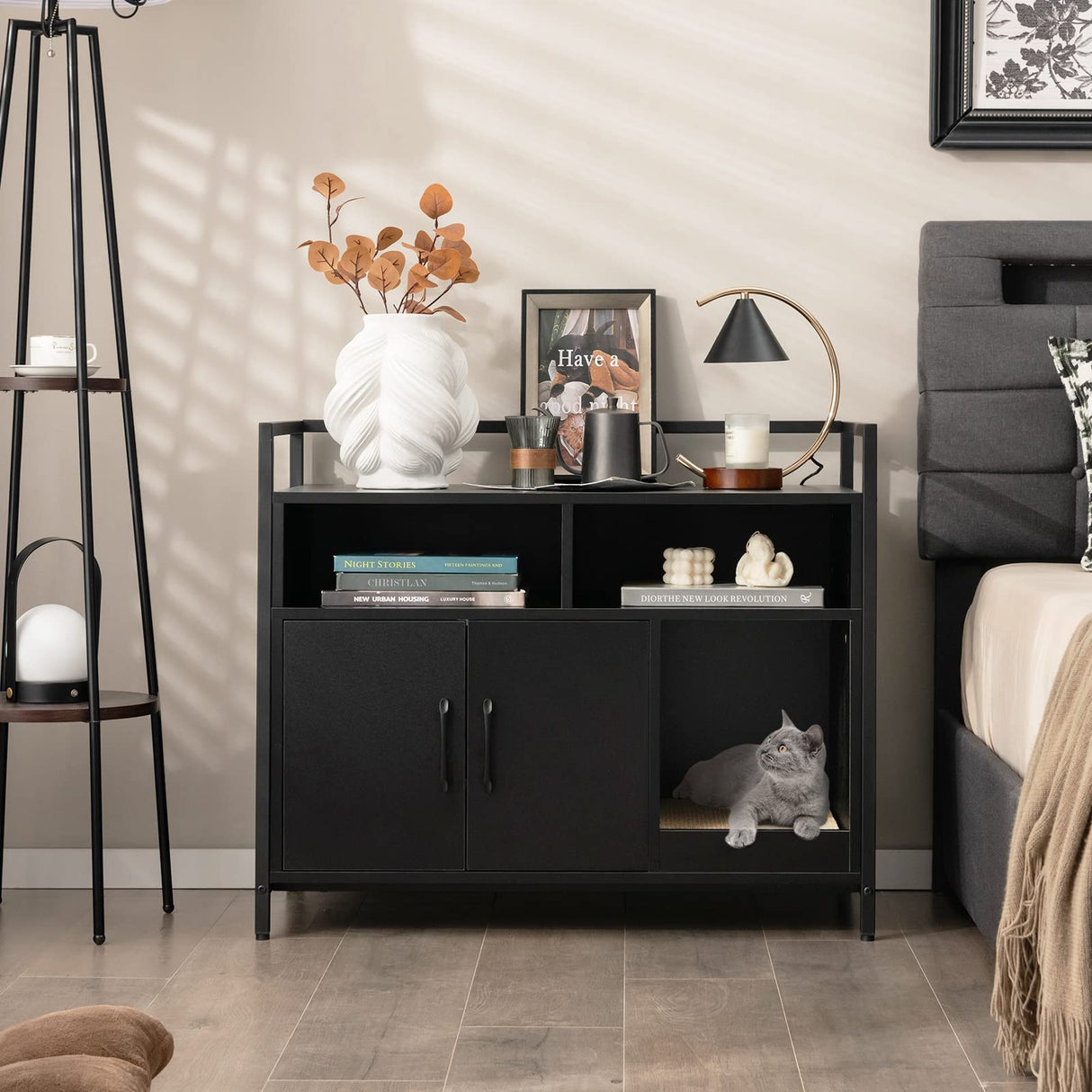 Tangkula Litter Box Enclosure, Cat Litter Box Furniture Hidden w/Metal Frame, Scratching Board, Storage Compartment, Wooden Cat Washroom, Indoor Cat House Side Table, Cat Box Cabinet (Black) Tangkula