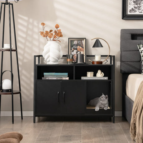 Tangkula Litter Box Enclosure, Cat Litter Box Furniture Hidden w/Metal Frame, Scratching Board, Storage Compartment, Wooden Cat Washroom, Indoor Cat House Side Table, Cat Box Cabinet (Black) Tangkula