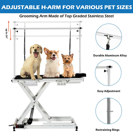 50'' Electric Dog Grooming Table, Heavy Duty, Height Adjustable Pet Grooming Table with Socket w/Leveling Wheels, Grooming Arm, Anti Slip Tabletop & Tool Organizer, for All Pets White Towallmark