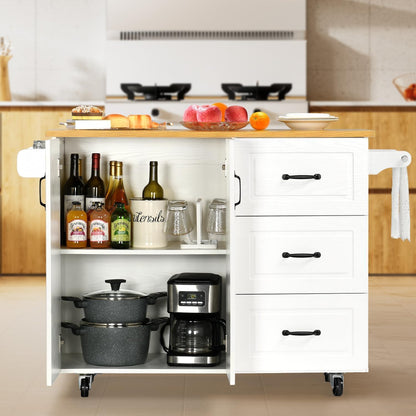 4 EVER WINNER Kitchen Island Cart on Wheels with Storage and Drop Leaf, 43" Rolling Kitchen Cart with Spice Rack & Towel Rack & 3 Drawers, White