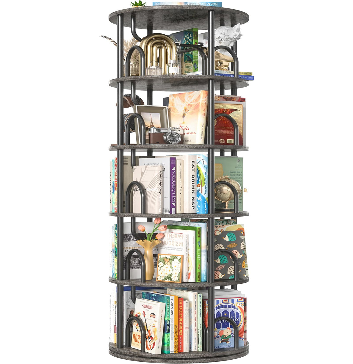 Aheaplus 5 Tier Rotating Bookshelf Tower, 360 Display Spinning Bookcase, Revolving Round Book Shelf Narrow Swivel Bookshelf, Vertical Turning Corner Book Organizer for Small Space, Black Oak Aheaplus