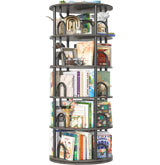 Aheaplus 5 Tier Rotating Bookshelf Tower, 360 Display Spinning Bookcase, Revolving Round Book Shelf Narrow Swivel Bookshelf, Vertical Turning Corner Book Organizer for Small Space, Black Oak Aheaplus