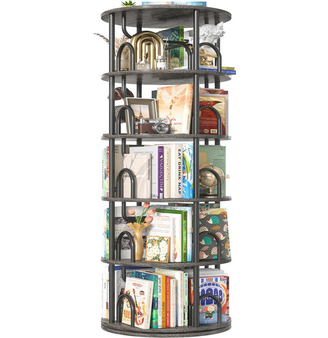 Aheaplus 5 Tier Rotating Bookshelf Tower, 360 Display Spinning Bookcase, Revolving Round Book Shelf Narrow Swivel Bookshelf, Vertical Turning Corner Book Organizer for Small Space, Black Oak Aheaplus