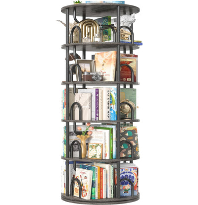Aheaplus 5 Tier Rotating Bookshelf Tower, 360 Display Spinning Bookcase, Revolving Round Book Shelf Narrow Swivel Bookshelf, Vertical Turning Corner Book Organizer for Small Space, Black Oak