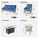 ovios Outdoor 5 Piece Patio Furniture with Fire Pit Table,Wicker Coversation Set with Swivel Rocking Chair,Comfy Sectional Deep Sofa for Outside Porch Balcony Backyard Pool,Navy Blue ovios