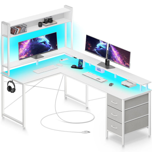 Seventable L Shaped Gaming Desk with Drawers, Reversible Computer Desk with LED Lights & Power Outlet, Home Office Desk with Monitor Stand, Hook, Corner Desk with Storage Shelves, White - WoodArtSupply