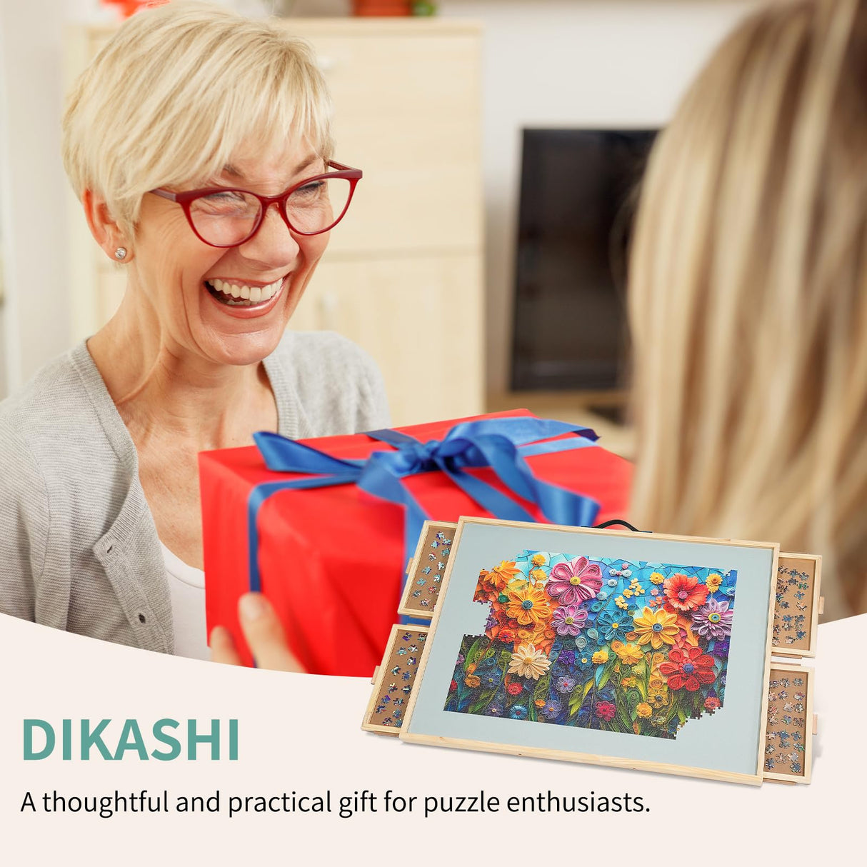 DIKASHI 1500 Pieces Tilting & Rotating Puzzle Board, 34.25" × 25.2", Portable Jigsaw Puzzle Table for Adults with 4 Drawers & Protective Cover, Ideal Gift for Mum DIKASHI