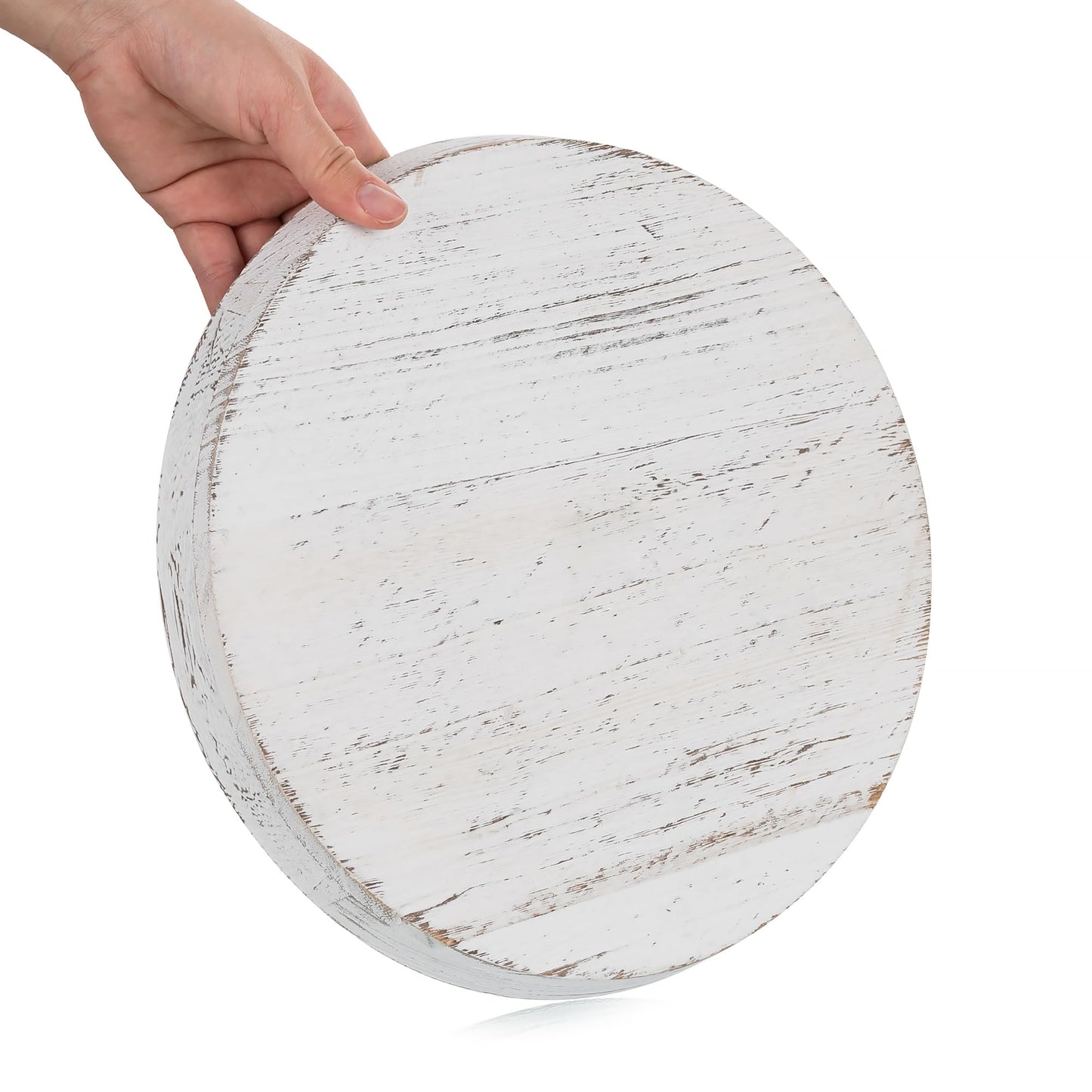 Romadedi Rustic Wooden Tray Candle Holder - Round Wood Decorative Pillar Candle Tray for Coffee Table Farmhouse Kitchen Countertop Organizer Home Decor Wedding Centerpiece, Distressed White