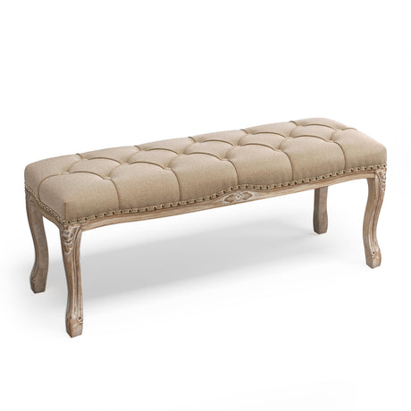 Cozyman Bedroom Bench, French Vintage Tufted Entryway Bench, 45.2" Carving Upholstered End of Bed Bench with Distressed Wood Legs, Linen Ottoman Seat for Living Room, Foyer, Dining Room, Wheat Cozyman