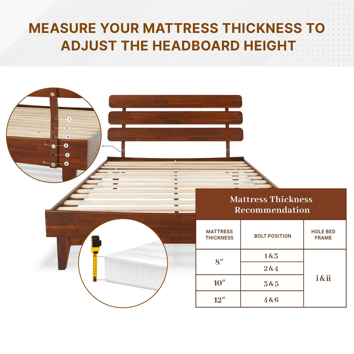 Bme Caden 15 Inch Adjustable Headboard Bed Frame - Mid Century Acacia Wood - No Box Spring Required - Dark Chocolate - Queen Size Bme