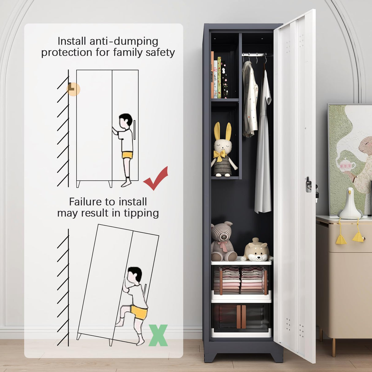 GREATMEET Slim Locking Metal Garage Storage Cabinet, 65" Lockable Utility Closet, Tall Steel Narrow Broom Closet Storage Cabinets with Door and Shelves for Laundry Room, Bathroom, White & Grey GREATMEET