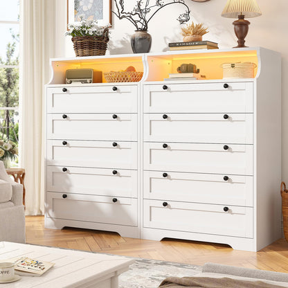 EnHomee Dresser for Bedroom, White Dresser with LED, Tall Dresser with 5 Wood Drawers, White Dresser for Bedroom, Bedroom Dressers & Chests of Drawers, Dressers for Bedroom with Metal Handles