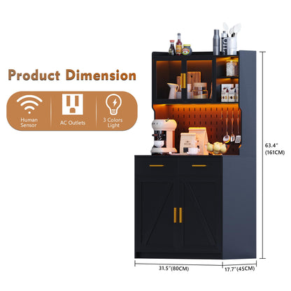 JDPAG LED Kitchen Pantry Cabinet with Outlets, Farmhouse Storage Cabinet with Drawers & Adjustable Shelves, Cupboard with Pegboard and Hooks for Dining Room (Black) - WoodArtSupply