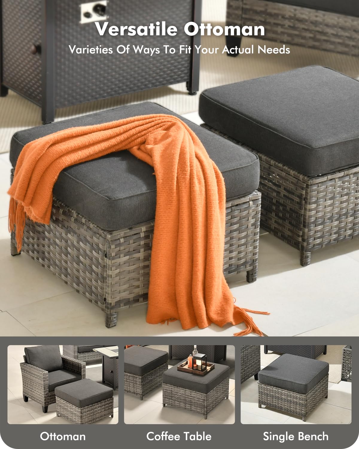 CAODOC 8-Piece Outdoor Wicker Patio Set with 9 Seats, Including 53" Fire Pit - Sectional Sofa and Conversation Set for Backyard or Lawn, Gray Rattan with Waterproof Black Cushions CAODOC