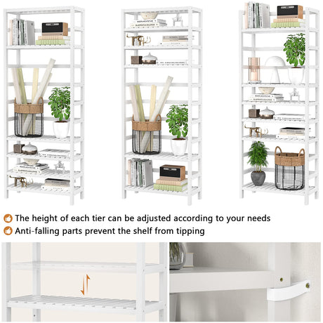 Homykic 6-Tier Adjustable Bamboo Bookcase - 63.4” Tall White Free Standing Storage Shelf Homykic