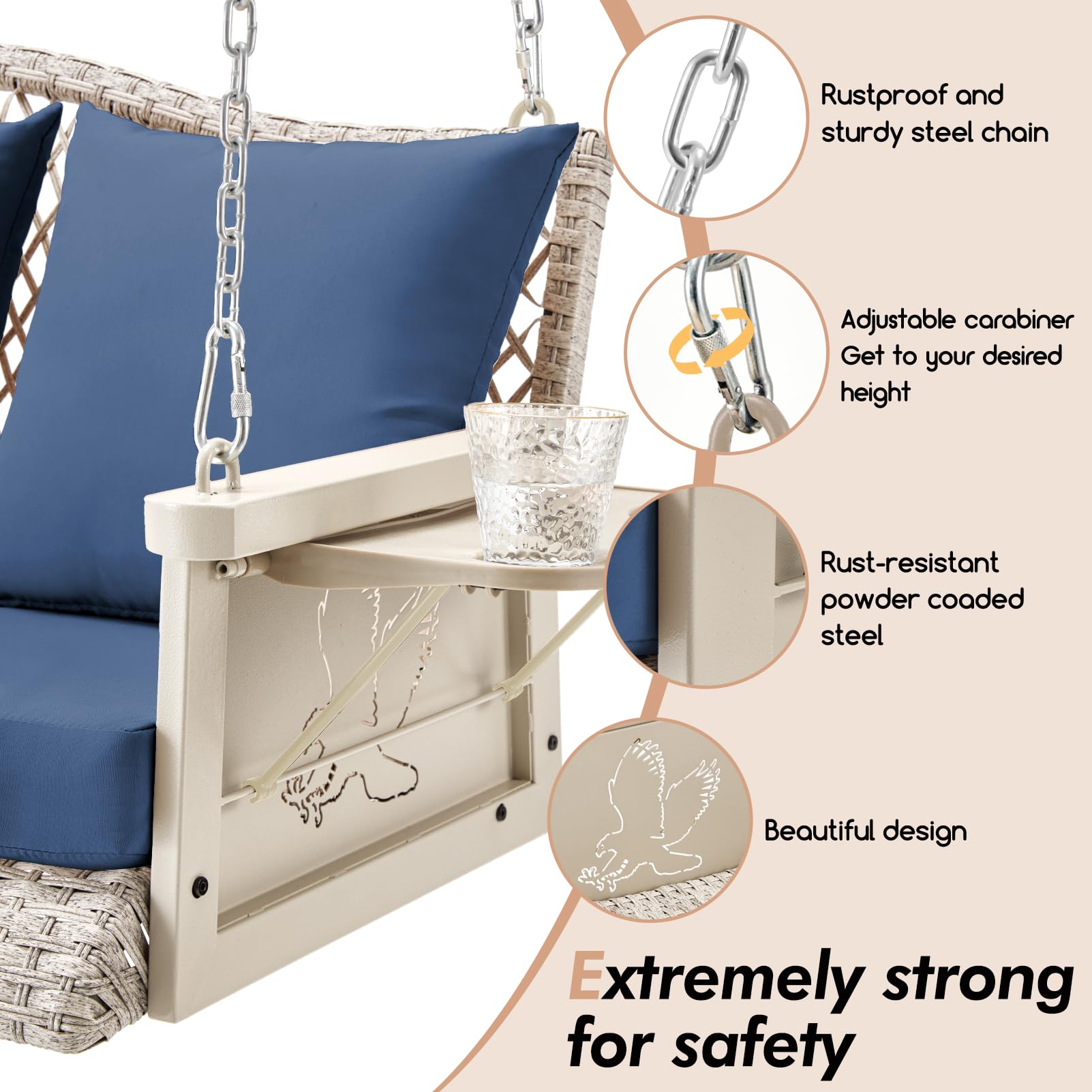 ZZW Upgraded Wicker Hanging Porch Swing, Heavy Duty 900 LBS 3-Seat Outdoor Patio Swing Chair Bench for Adult, w/ 8.9ft Hanging Chains, Cushions and Cup Holder(Grey/Blue) - WoodArtSupply