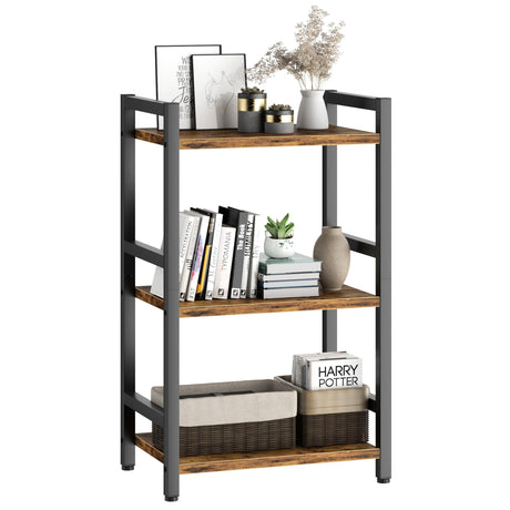 RAGIFEN Book Shelf, 3 Tier Bookcase with Steel Frame, Stable Bookshelf Narrow Book Shelves Storage Organizer for Book CD Movie, Open Book Shelves for Living Room, Home Office, Study, Rustic Brown RAGIFEN