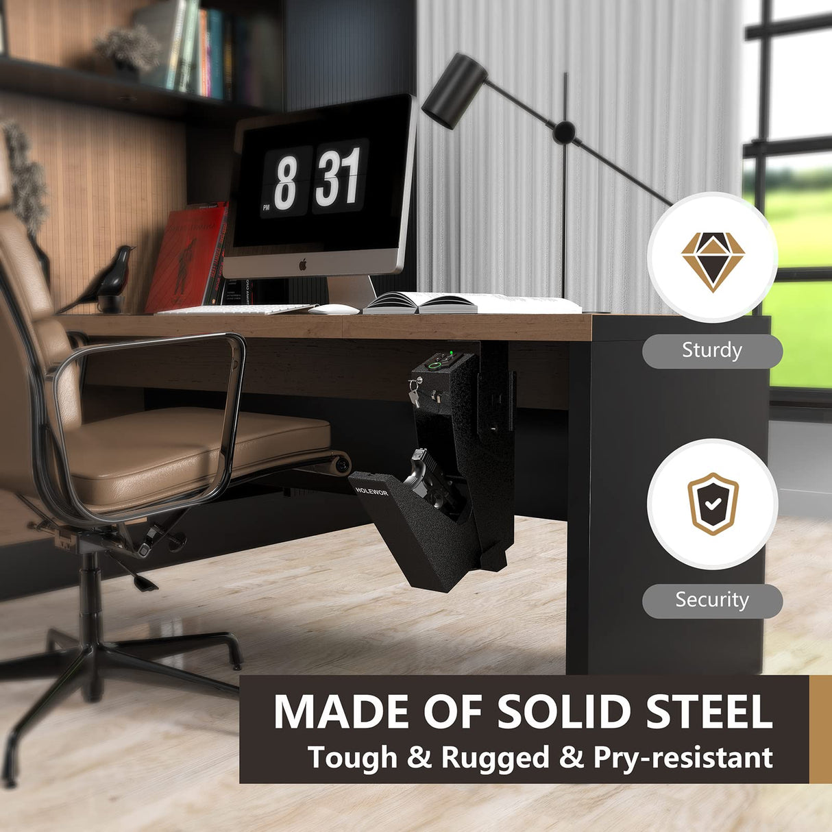 HOLEWOR Gun Safe, Biometric Gun Safe for Handgun Drop Down Pistol Safe Mounted Single Handgun Safe with Fingerprint, Passcode, Key Access for Nightstand, Desk, Bedside HOLEWOR