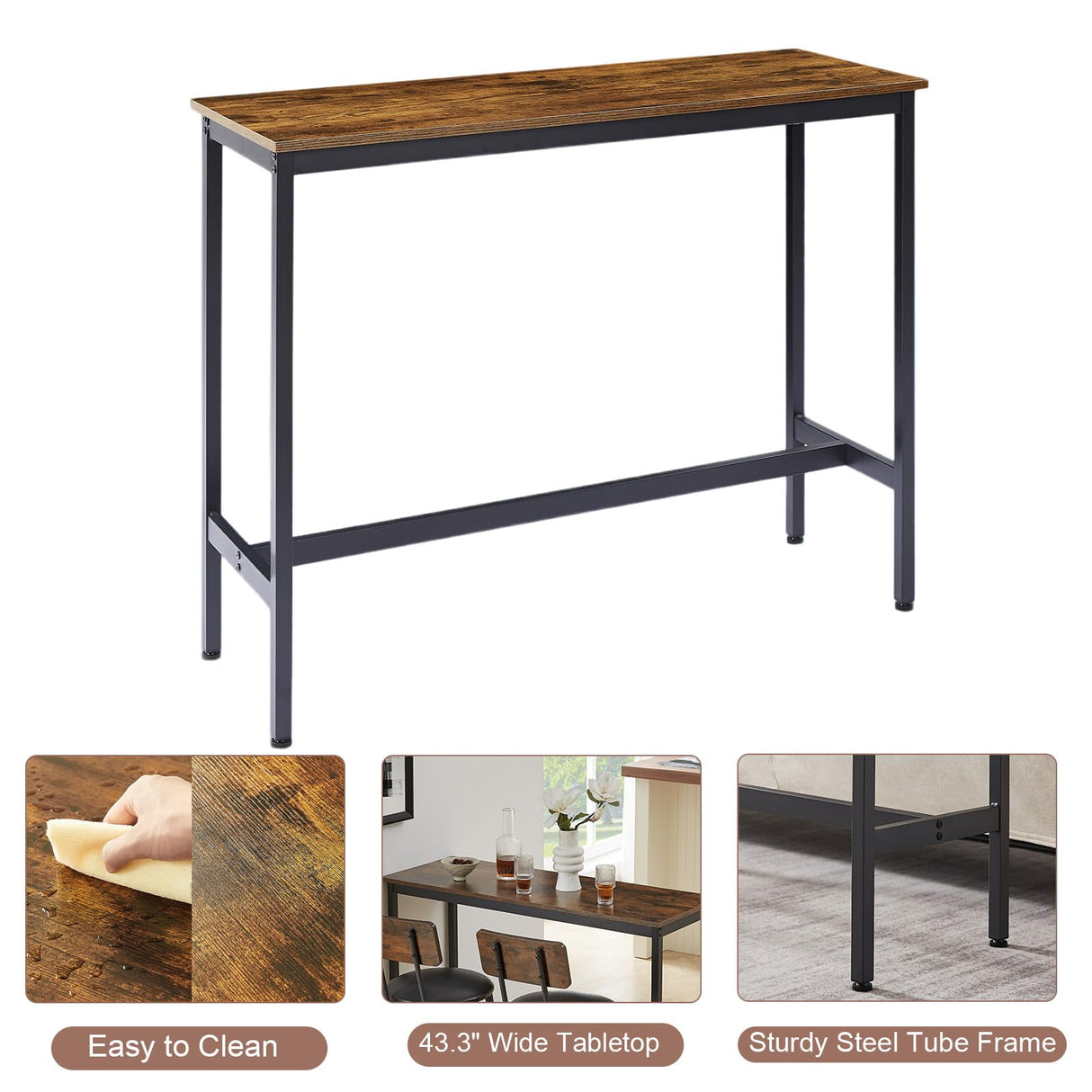 VEPXXP Industrial Bar Table and Chairs Set for 2, 3-Piece Rectangular Pub Table with 2 Stools & Backrest, Counter Height Small Kitchen Table with Bar Chairs for Dining Room Small Space, Rustic Brown VEPXXP