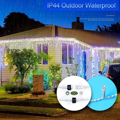 KNONEW Christmas Lights Outdoor Decorations 400 LED 33ft 8 Modes Curtain Fairy String Light with 75 Drops, Clear Wire LED String Light Decor for Wedding Party Holiday Christmas Decorations Cool White