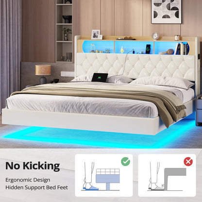 BTHFST Floating Bed Frame with LED Headboard, USB Charging, and Storage Solutions - WoodArtSupply