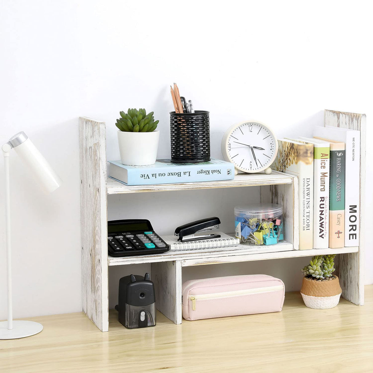 MyGift Adjustable Whitewashed Solid Wood Desktop Storage Organizer Display Shelf Book Rack, Office Desk Bookshelf MyGift