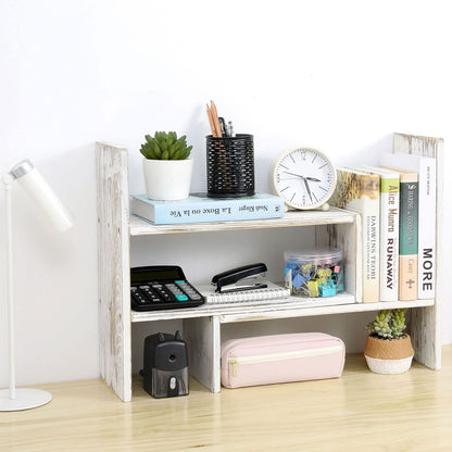 MyGift Adjustable Whitewashed Solid Wood Desktop Storage Organizer Display Shelf Book Rack, Office Desk Bookshelf - WoodArtSupply