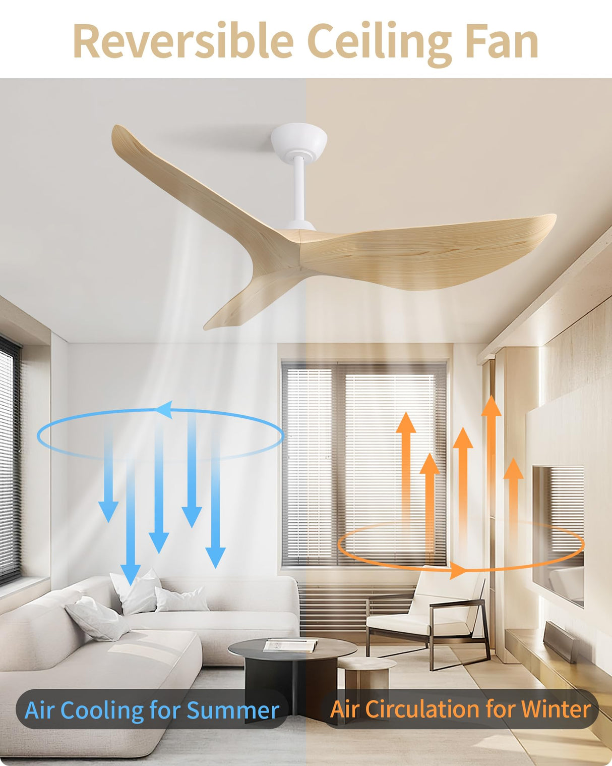 CACI Mall 52" Ceiling Fan No Light, Modern Ceiling Fan with Remote Control, 3 Blades Ceiling Fan with Noiseless Reversible Dc Motor for Living room, Bedroom CACI Mall