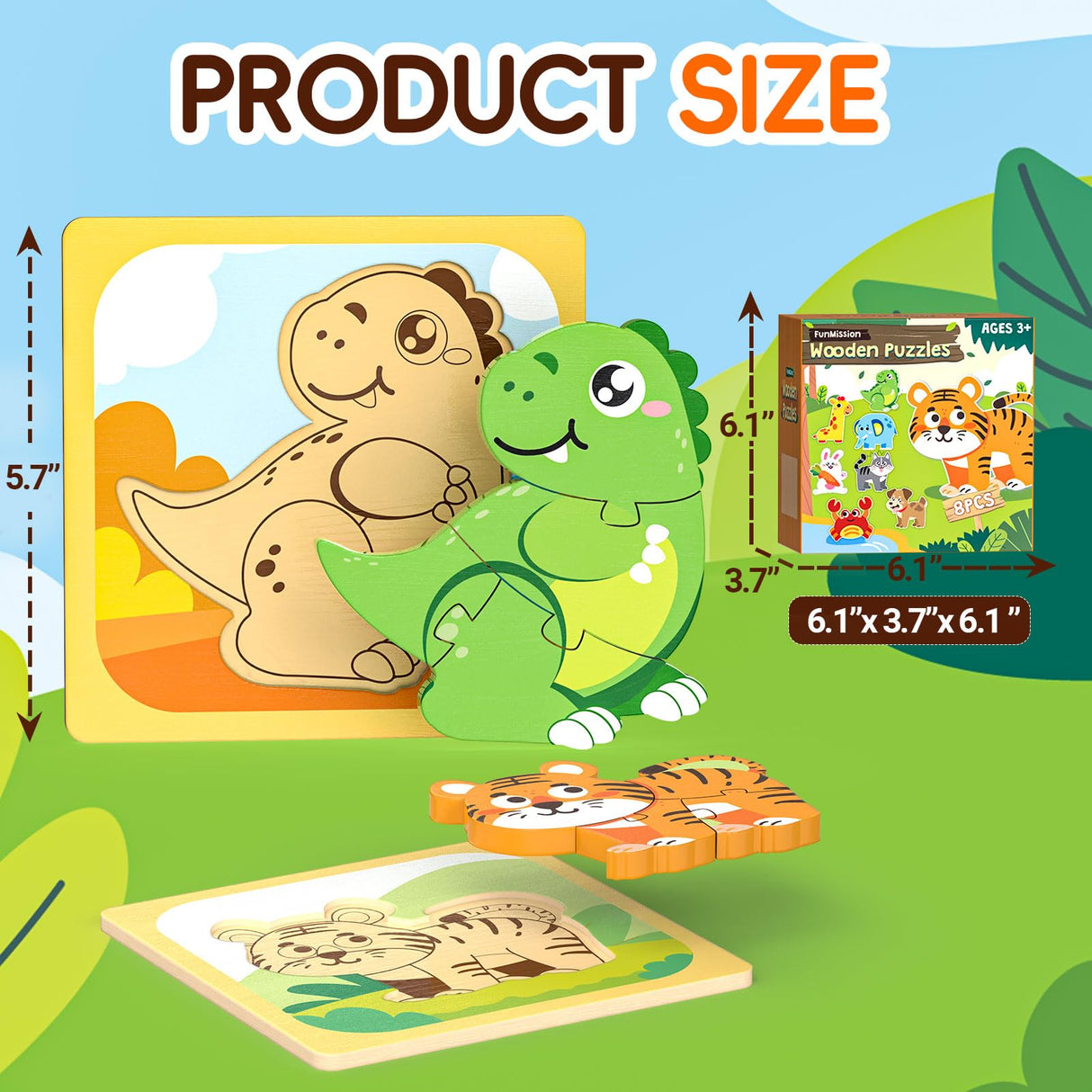 FunMission Puzzles, 8Pcs Animals Jigsaw Puzzles Toddler Toys, Brain Teaser Puzzles Montessori Toys, Wooden Puzzle Games, Educational Puzzles STEM Toys for 3+ Year Old Kids, for Kids FunMission