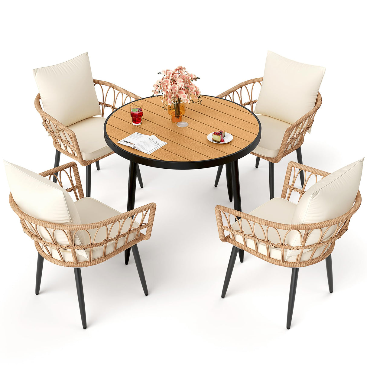 Pamapic 5-Piece Outdoor Dining Set, All-Weather PE Rattan Outdoor Furniture Set with Wood Table Top, Patio Dining Set with Cushion Chairs & Round Table for Garden, Lawn, Patio (Yellow & White) Pamapic