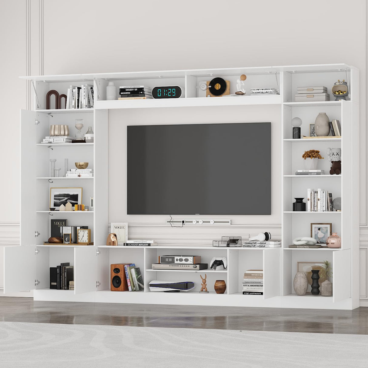 ROMSHINE Large Entertainment Center with Storage, 114" W Wall Unit TV Stand with Bookshelves & Light in White Color, Modern Media Center Cabinet with Bridge, for Living Room Bedroom, White ROMSHINE