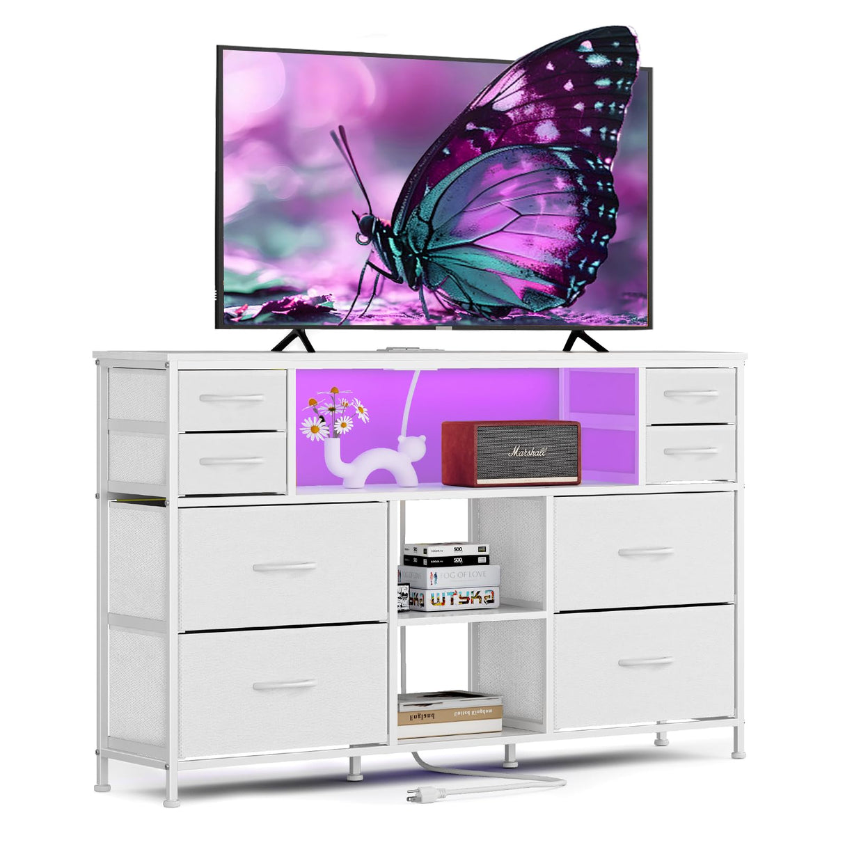 Leadpro TV Stand with LED Lights and Power Outlet, TV Dresser for 55 inches, Media Console Table with Drawers Cabinet and Open Storage Shelf Furniture Cabinet for Living Room,White Leadpro