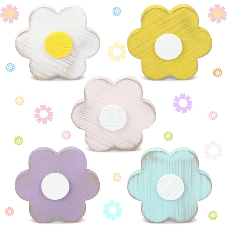 5 Pcs Farmhouse Daisy Table Wooden Signs Spring Tiered Tray Decor Rustic Wooden Flower Tabletop Decor Farmhouse Flowers Wooden Centerpieces for Desk Home Kitchen Spring Easter Party Assorted Colors Amyhill