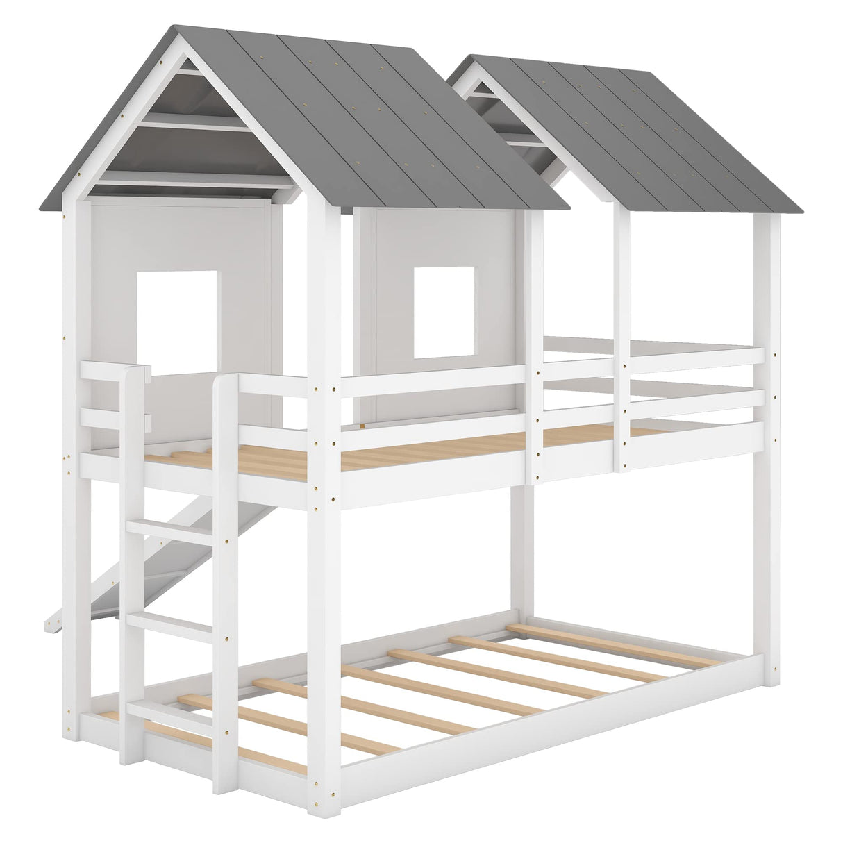 Merax Twin-Over-Twin Wooden House Bunk Bed with Slide, Windows, Ladder and Guardrails, Twin Size White House Bunk Bed Merax
