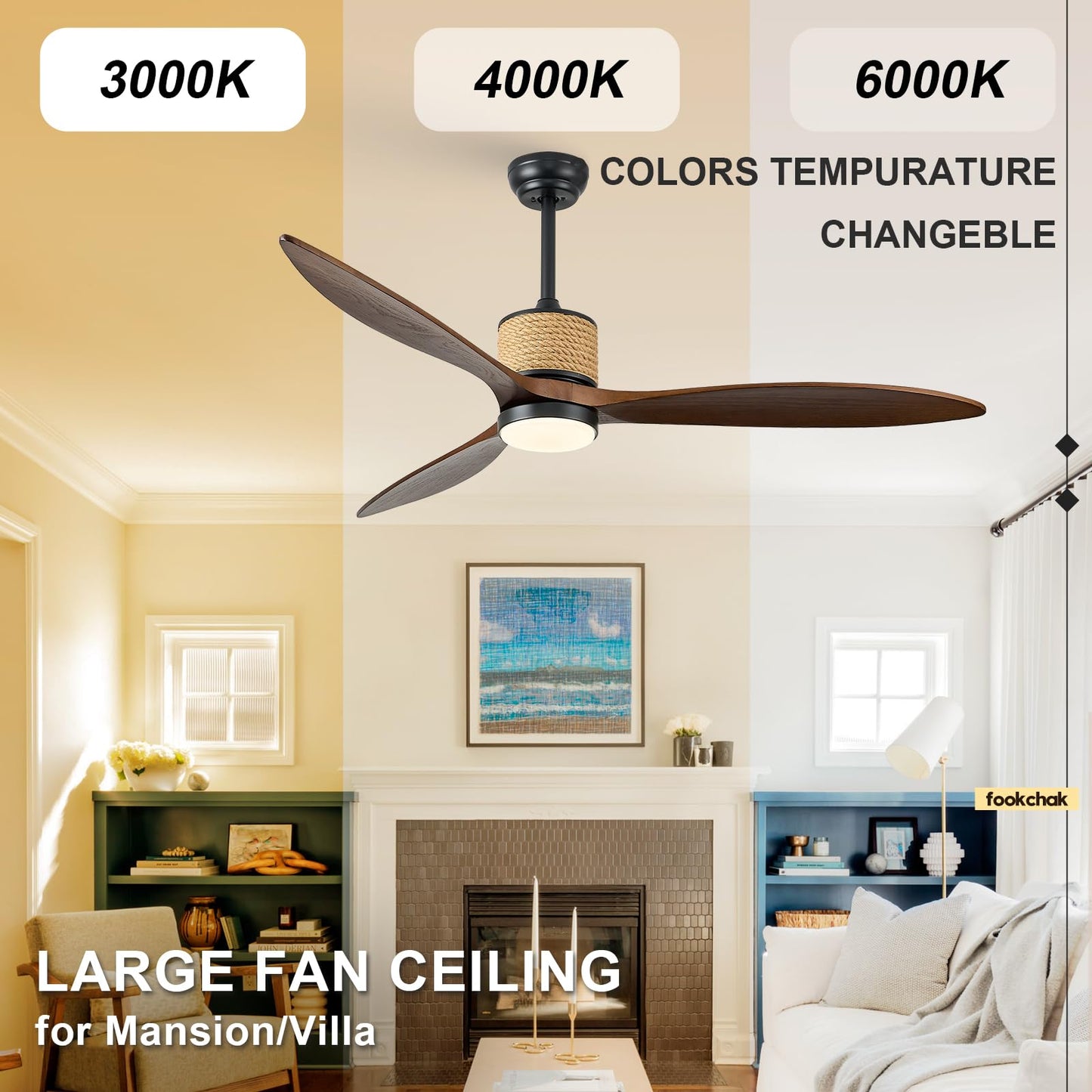 FookChak 60in Dimmable Black Ceiling Fan Light with Remote Control 3 Blade Hemp Rope Farmhouse Ceiling Fan with Light Walnut Wood LED Ceiling Fan Outdoor for Patio Kitchen Bedroom Living Room