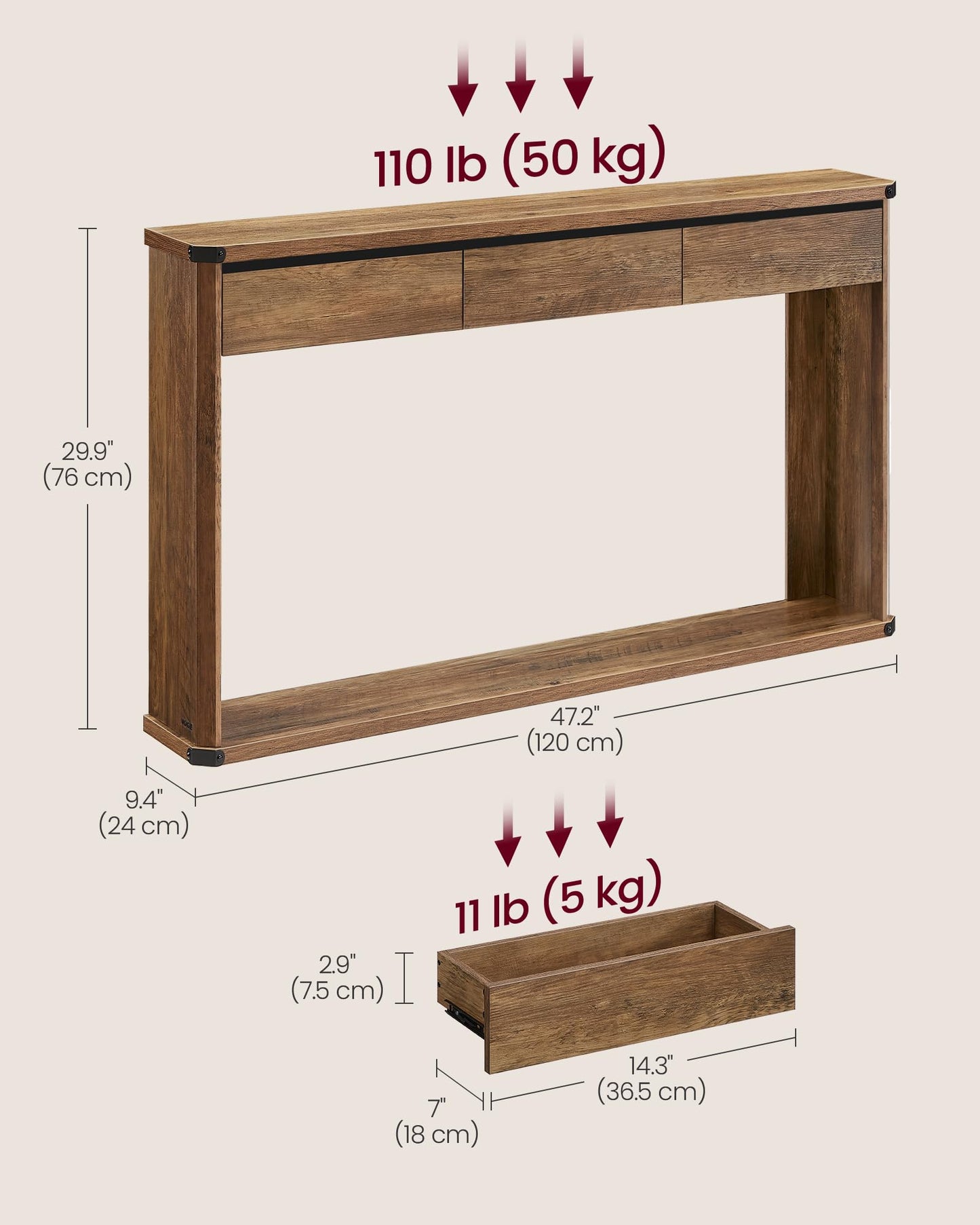 VASAGLE Console Table, 47.2 Inches Sofa Table, Narrow Entryway Table, Entry Table with 3 Drawers, Bottom Shelf, Metal Corners, for Living Room, Bedroom, Farmhouse Style, Honey Brown ULNT143K4 - WoodArtSupply