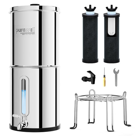 Purewell 2.25G Gravity Water Filter System with Water Level Window, 3-Stage 0.01μm Ultra-Filtration Stainless Steel Countertop System with 2 Filters and Stand, Reduce 99% Chlorine, PW-KS Purewell